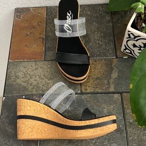 Onex Vanish NEW Black and Cork Wedge Sandals with Rhinestone Straps